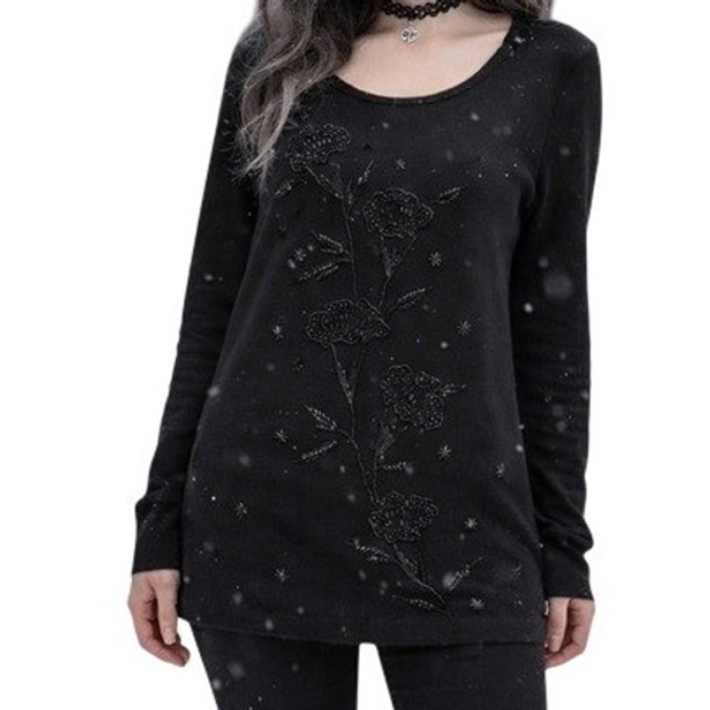 VTG 90s Jones & Co Black‎ Beaded Floral Tunic Sweater Lambswool S Oversized